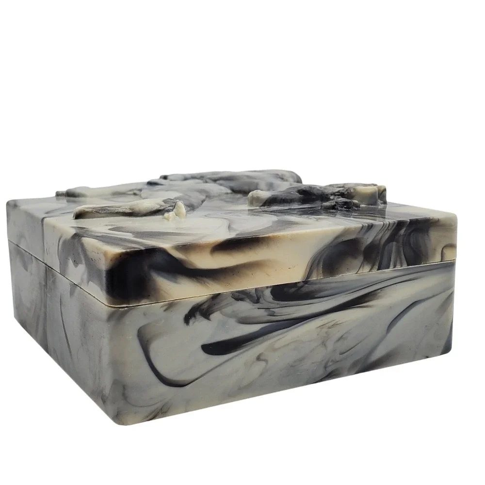 Hickok Trinket Box Gray Marbleized Acrylic Stag Deer Relief Vintage MCM Decor